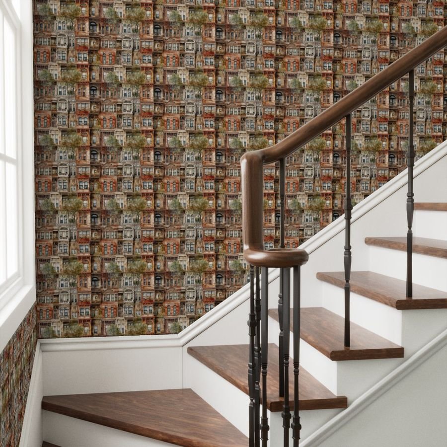 Brownstone Buildings in Varied Tones of Brown Watercolor Wallpaper arches wallpaper