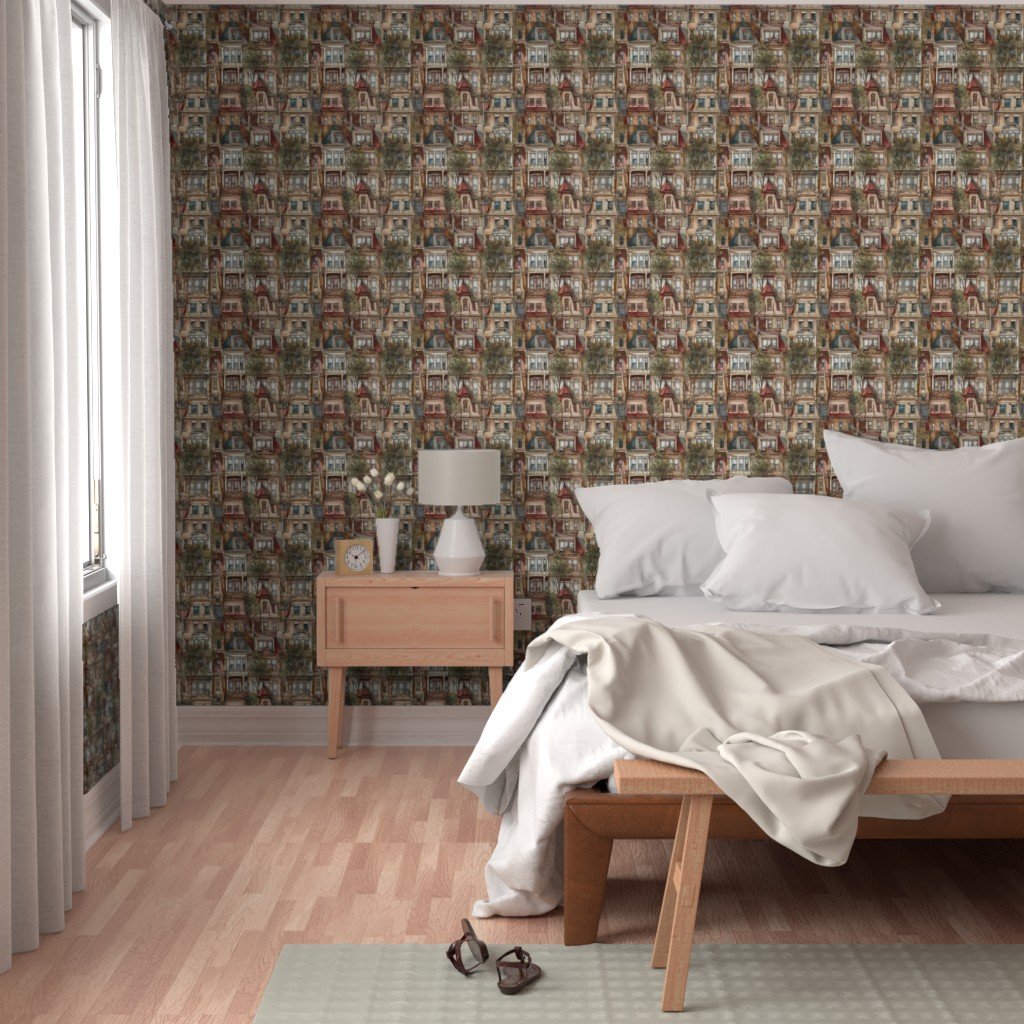 Brownstone Buildings in Varied Tones of Brown Watercolor Wallpaper arches wallpaper