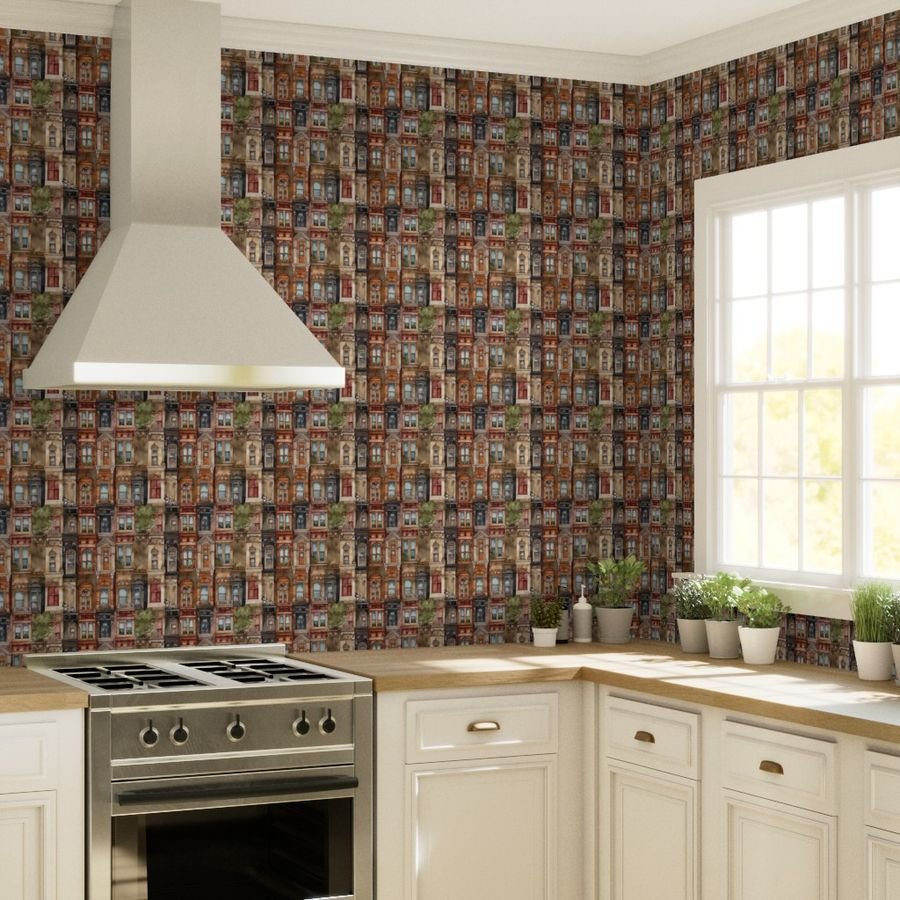 Brownstone Buildings in Varied Tones of Brown Watercolor Wallpaper arches wallpaper
