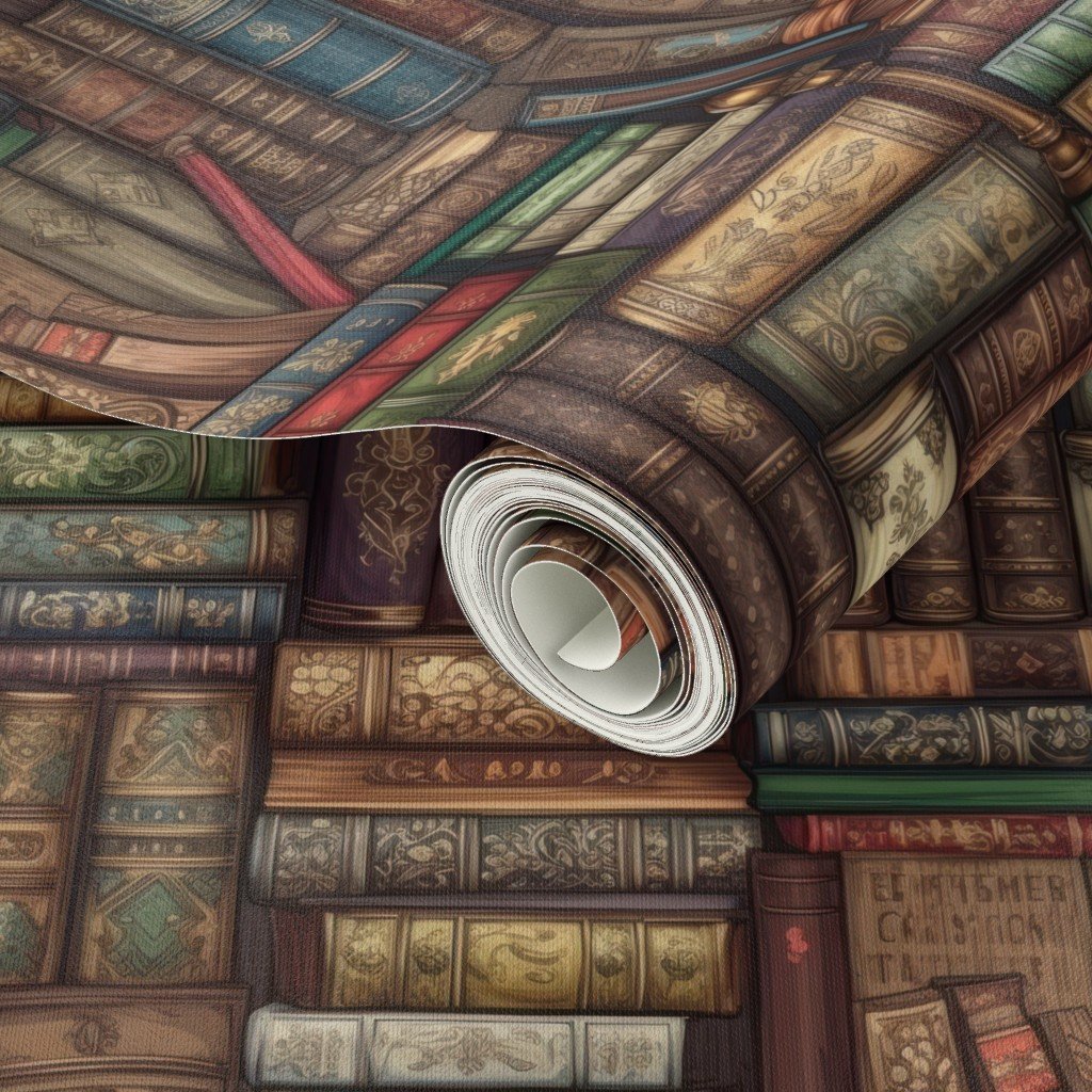 Small Stacked Bound Vintage Books on Library Book Shelf Wallpaper life-size books wallpaper