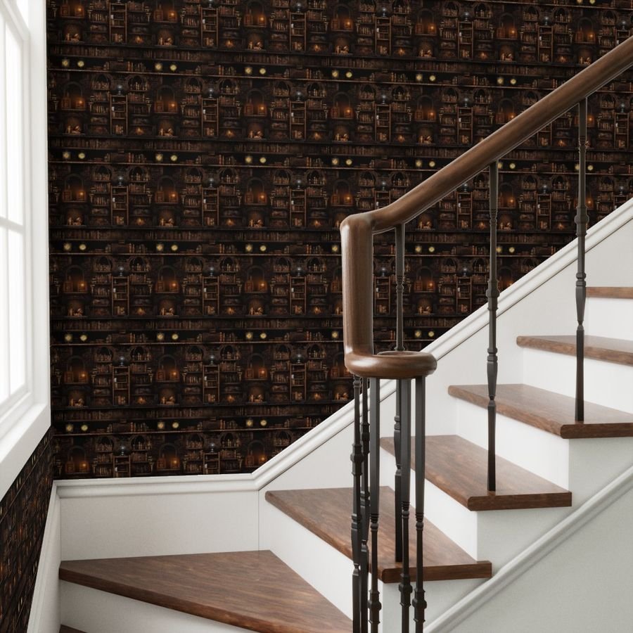 Spooky Photo realisticSmall Dark Academia Stampunk Bookshelves in Muted Design Collection Design Collection halloween library wallpaper