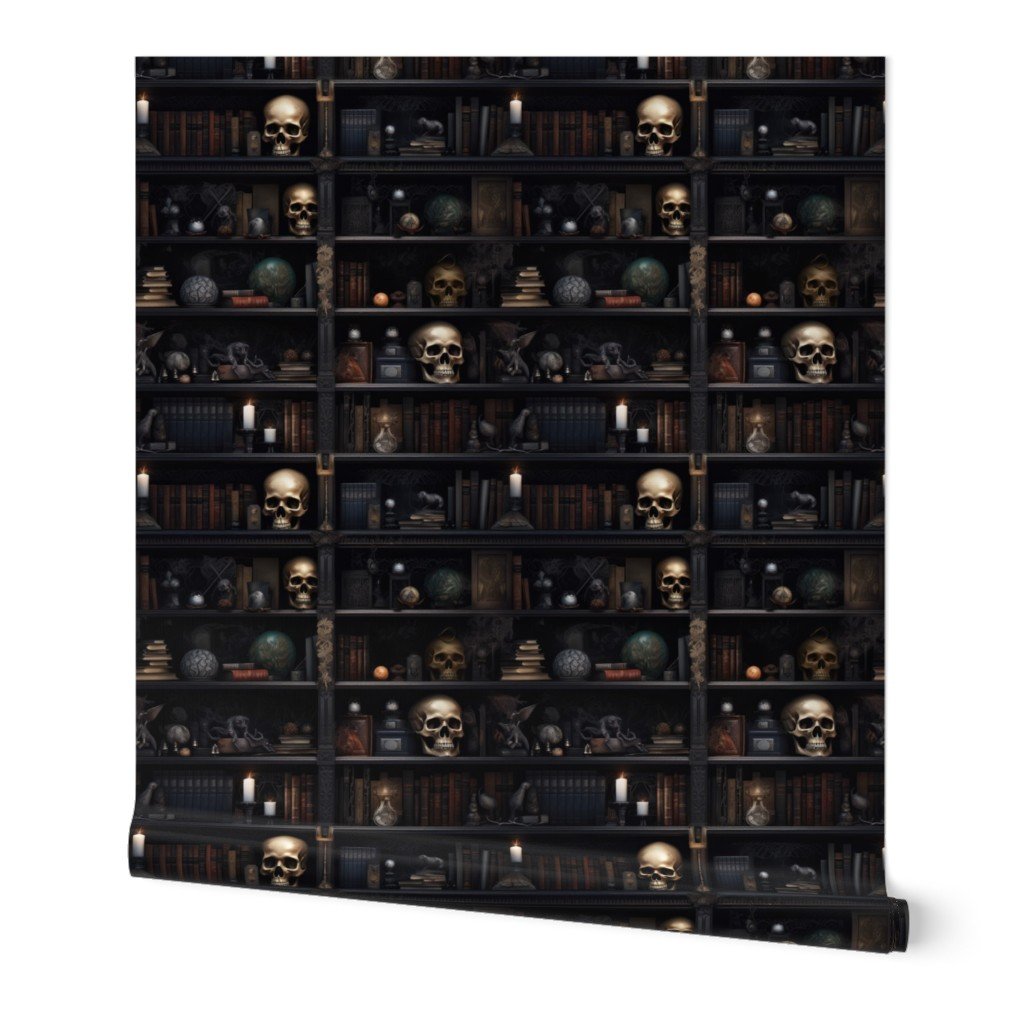 Small Spooky Photo realistic Dark Academia Bookshelves in Muted Wallpaper spooky library wallpaper
