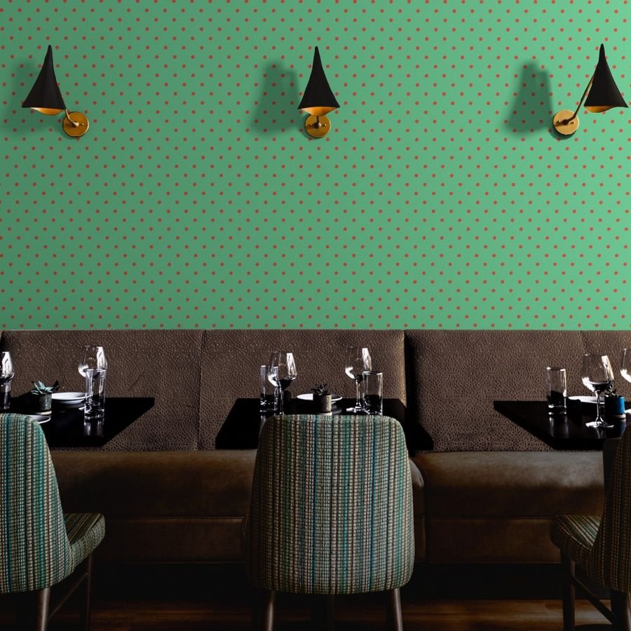 Red Vermillion Polka Dots on Vintage Christmas Green Wallpaper green dots wallpaper