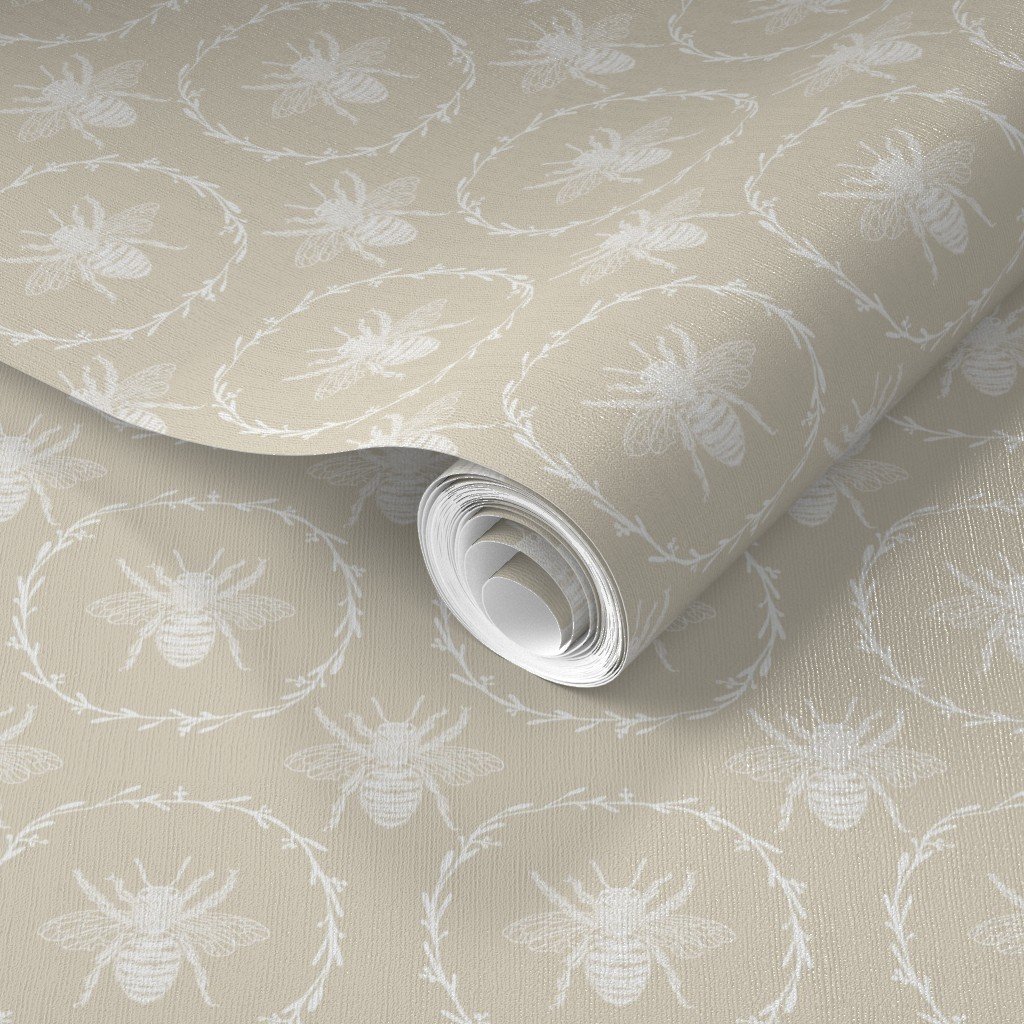 Small French Provincial Bees in Laurel Wreaths in White on Cream Wallpaper cream and white wallpaper