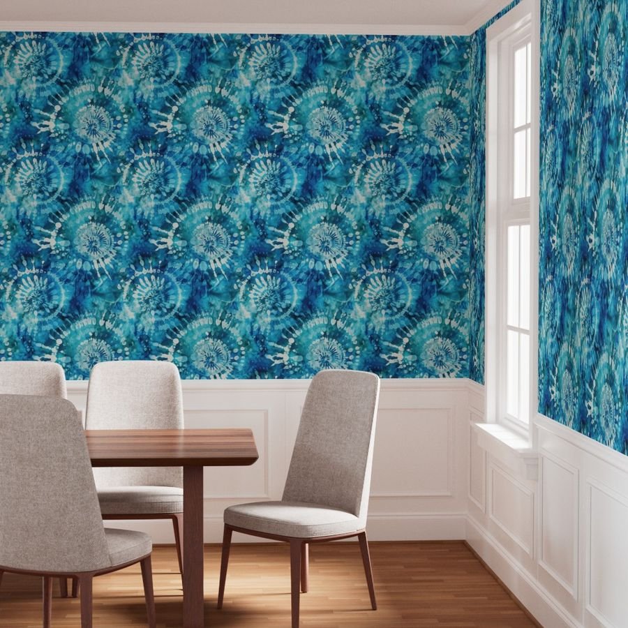 Jumbo Tie Dye Batik in Bright Blue Circling Swirls on Teal Wallpaper dye technique wallpaper