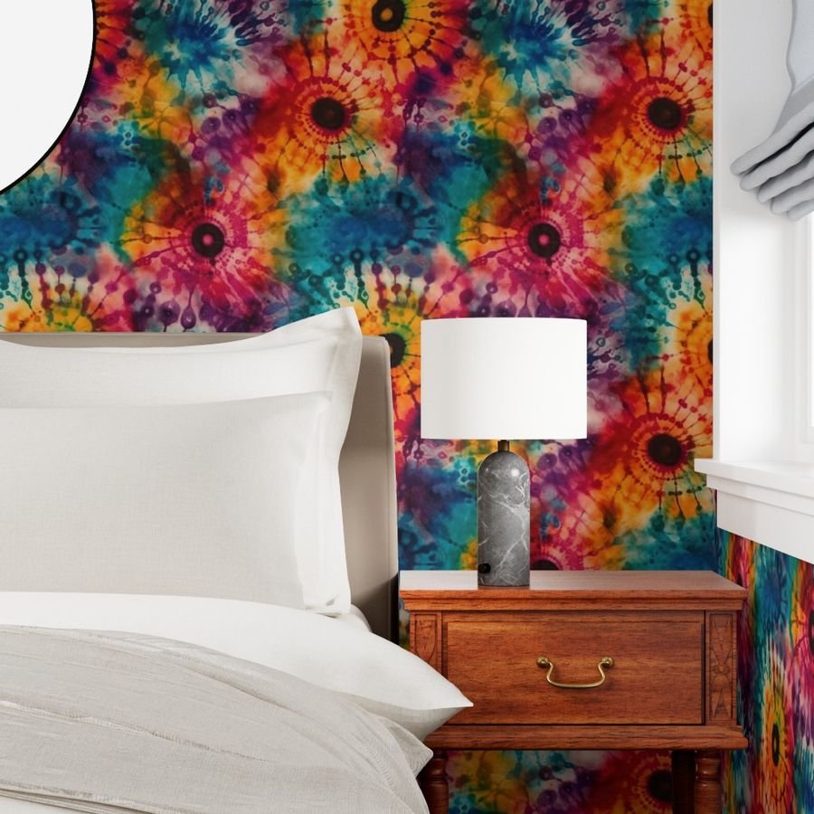 Jumbo Tie Dye Batik in Bright Multi Rainbow Colors Circling Swirls Interior Collection Home Styling Collection dip dye wallpaper