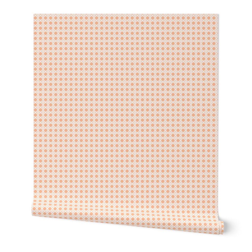 White Caning Wicker Rattan Pattern on Peach Fuzz Color of the Year 2024 Wallpaper wicker caning wallpaper