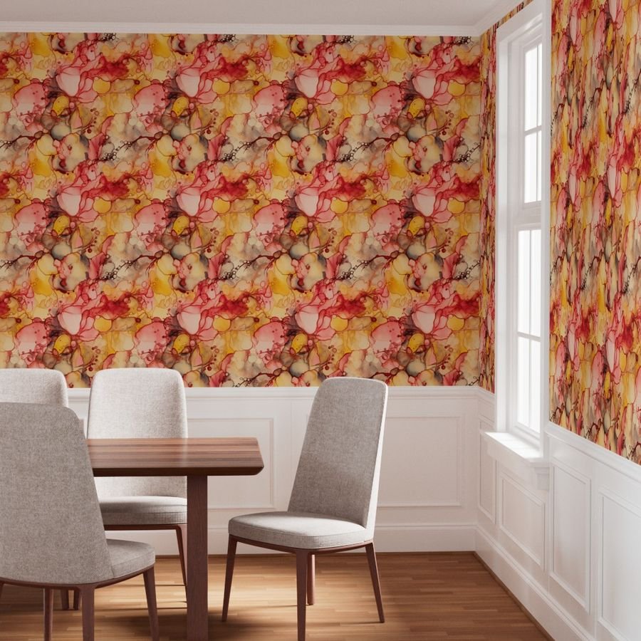Sunrise Yellow and Peach with Rose Gold Alcohol Ink Liquid Swirls Wallpaper sunrise ink wallpaper