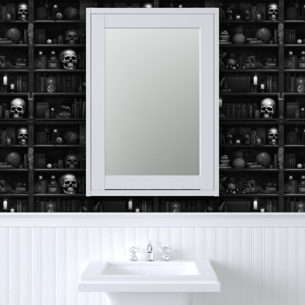 Spooky Photo realistic Dark Academia Bookshelves in Black and White Wallpaper halloween library wallpaper