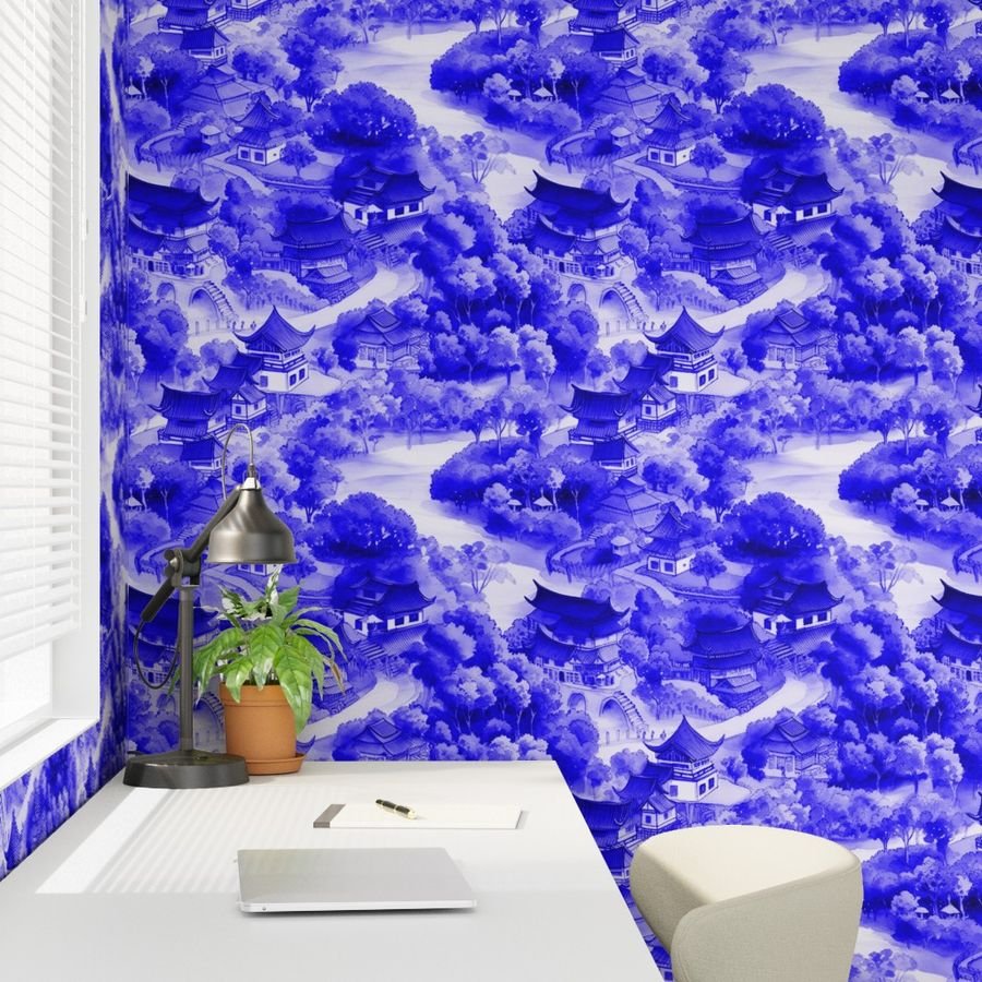 Small Chinese Village in Royal Blue Porcelain Glaze Wallpaper chinese china wallpaper