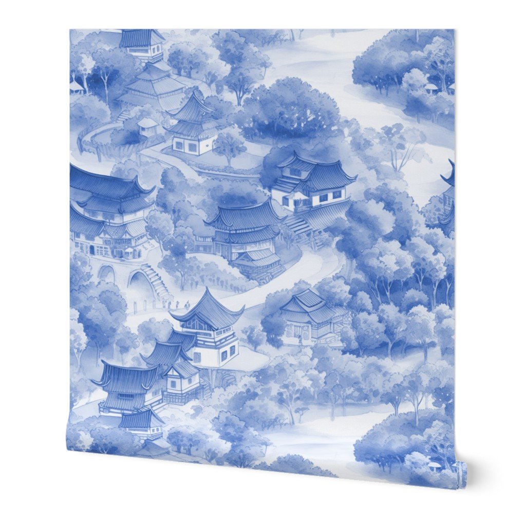 Small Chinese Village in Light Blue Porcelain Glaze Wallpaper chinese porcelain wallpaper