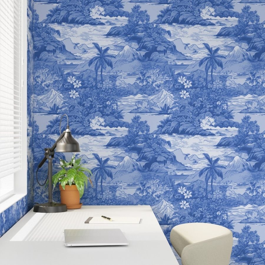 Vintage Hawaiian Landscape in Light Blue Porcelain Glaze Wallpaper light blue wallpaper