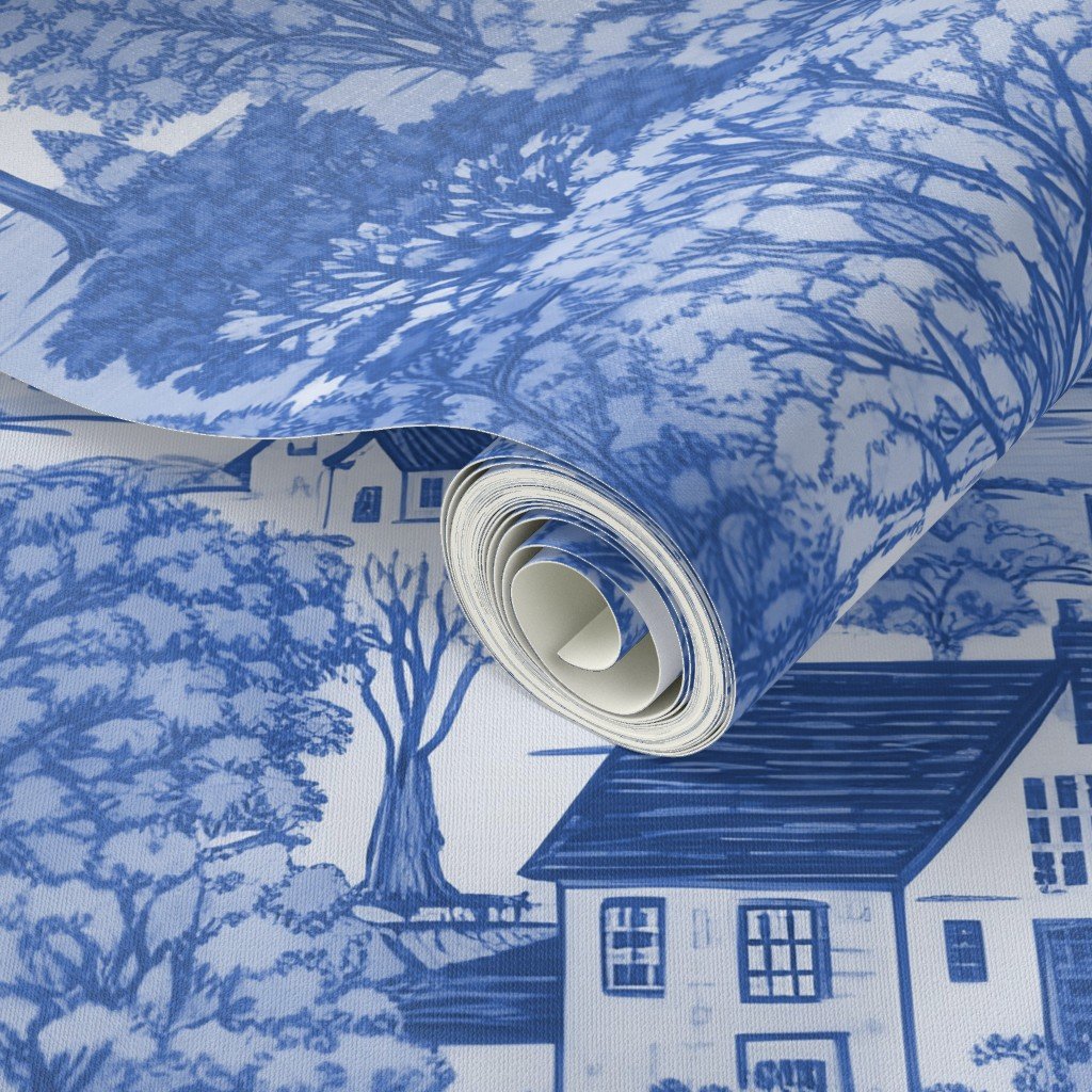 New England Village Houses with Trees in Light Blue Porcelain Glaze Wallpaper new england garden wallpaper