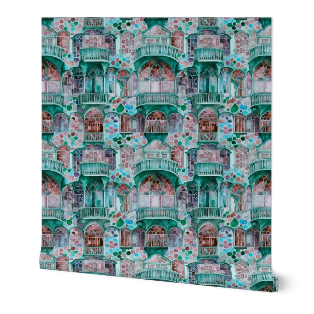 Barcelona House Architectural Detail in Windows Columns Arches and Wallpaper art nouveau wallpaper