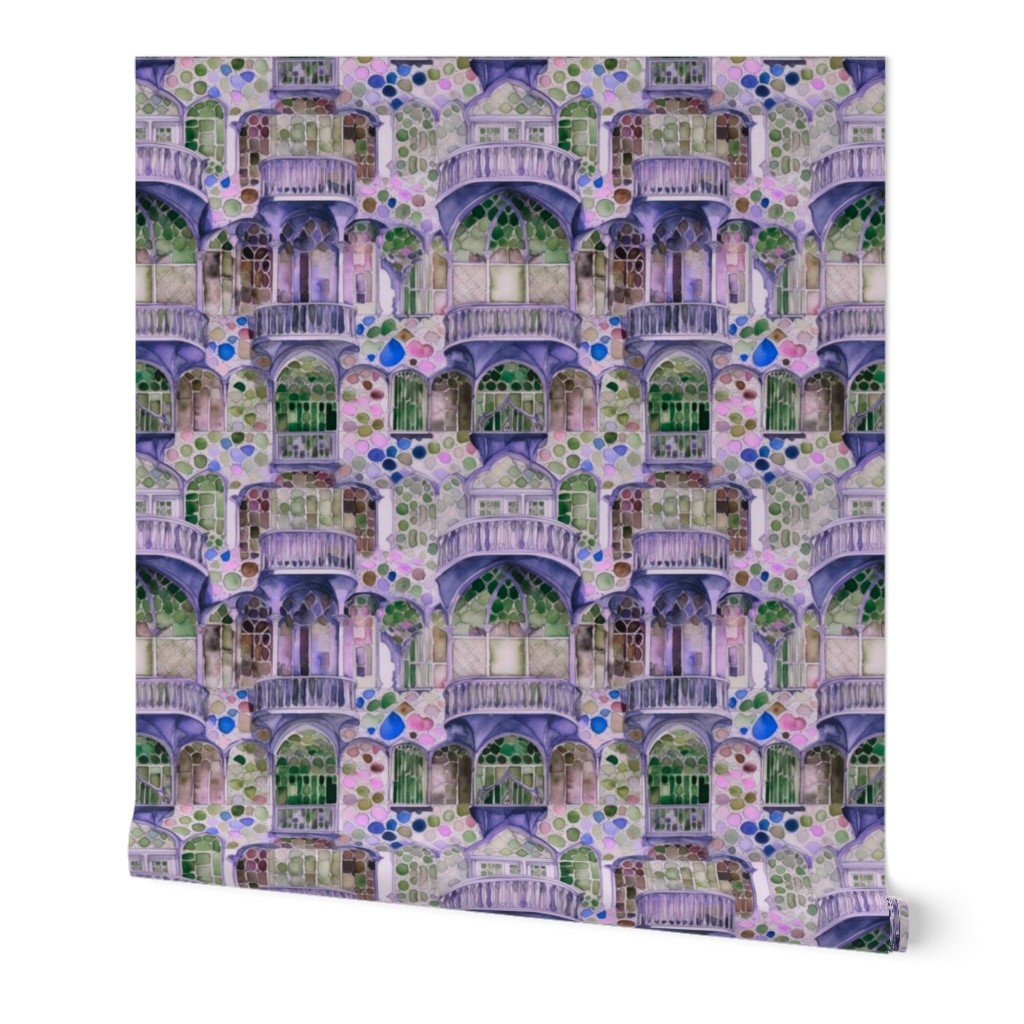 Barcelona House Architectural Detail in Windows Columns Arches and Wallpaper barcelona style wallpaper