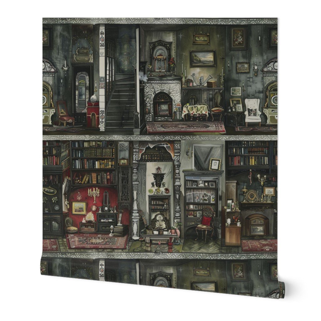 Victorian Gothic Dollshouse with Dark Academia Watercolor Decor 1 Wallpaper dolls house wallpaper