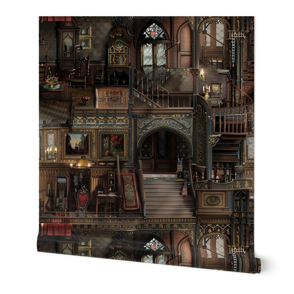 Victorian Gothic Haunted Dollshouse with Dolls in Dark Academia Wallpaper dollhouse decor wallpaper