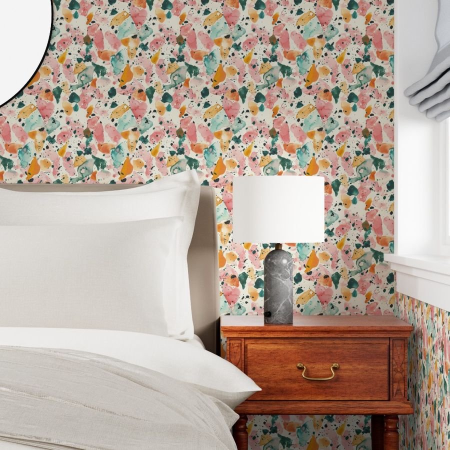 Orange Rose and Aqua Watercolor Terrazzo Splashes Wallpaper terrazzo repeat wallpaper