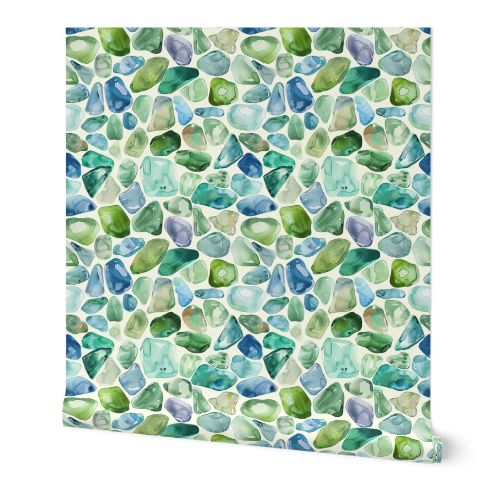Blue and Green Shards of Tumbled and Scattered Watercolor Seaglass Wallpaper blue seaglass wallpaper