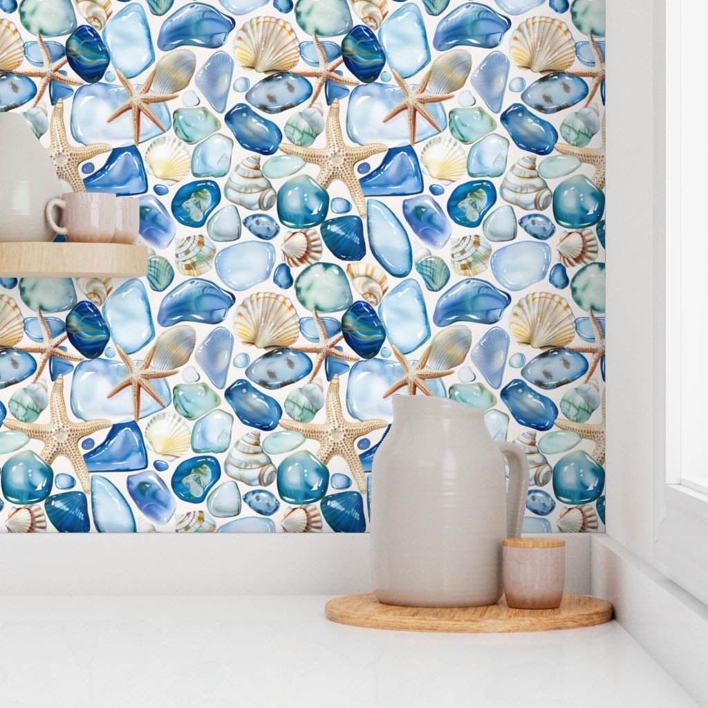 Blue and Sand Seashells and Shards of Tumbled and Scattered Wallpaper sand shell wallpaper