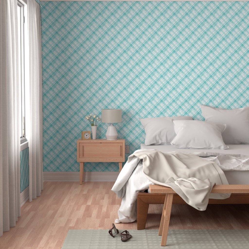 Faded Madras Diagonal Plaid in Aqua Wallpaper madras plaid wallpaper