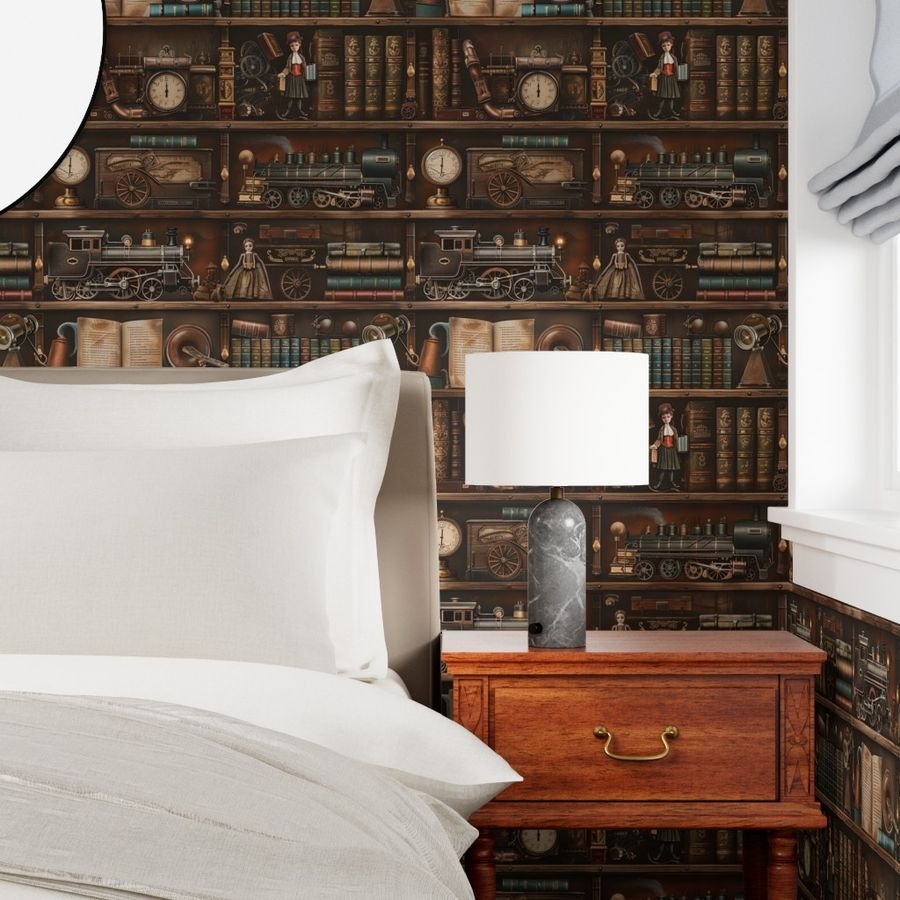Vintage Steampunk Bookcase with Antique Trains and Books Wallpaper warm tones wallpaper