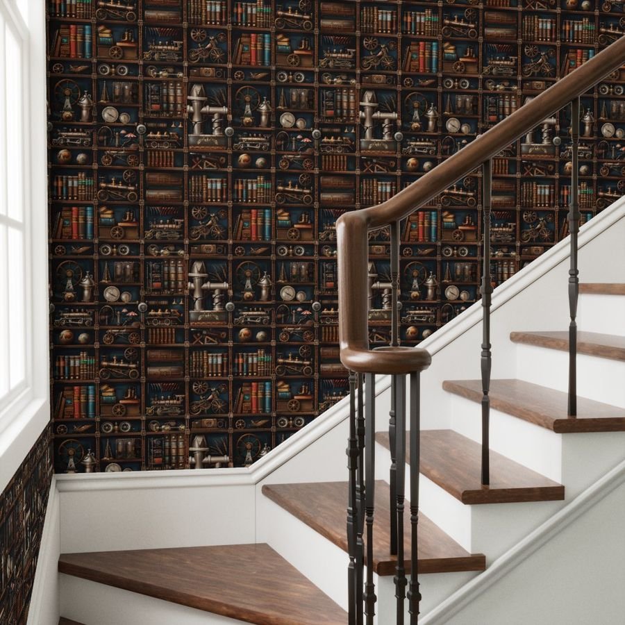 Vintage Steampunk Bookcase with Intricate Mechanical Wonders Wallpaper books wallpaper
