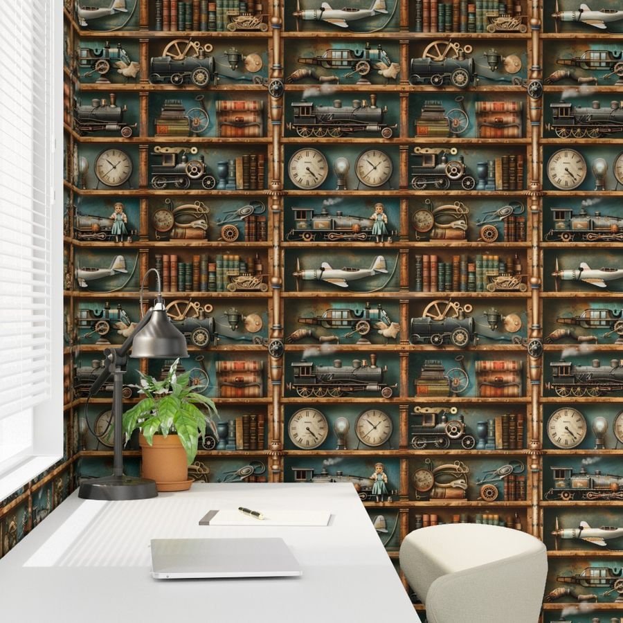Vintage Steampunk Bookcase with Trains Gears and Clocks Wallpaper books wallpaper