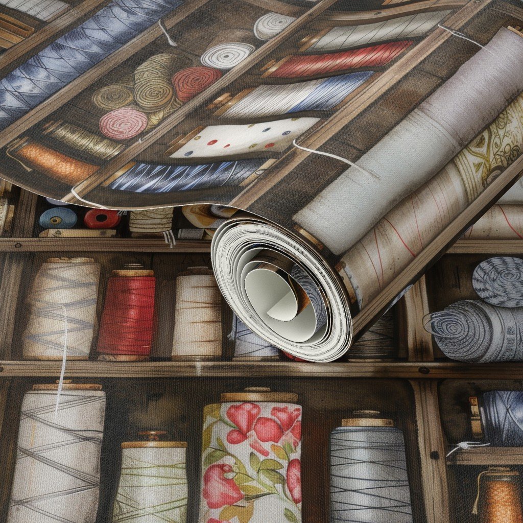 Vintage Bookcase with Fabric Bobbins Spools and Yarn Wallpaper warm tones wallpaper