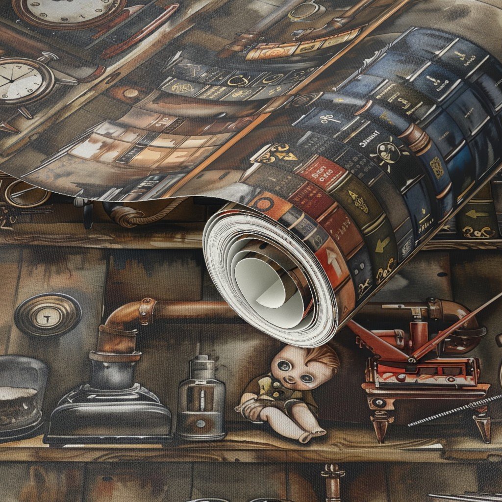 Vintage Steampunk Bookcase with Pipes Hoses and Gears in Watercolor Wallpaper cozy wallpaper