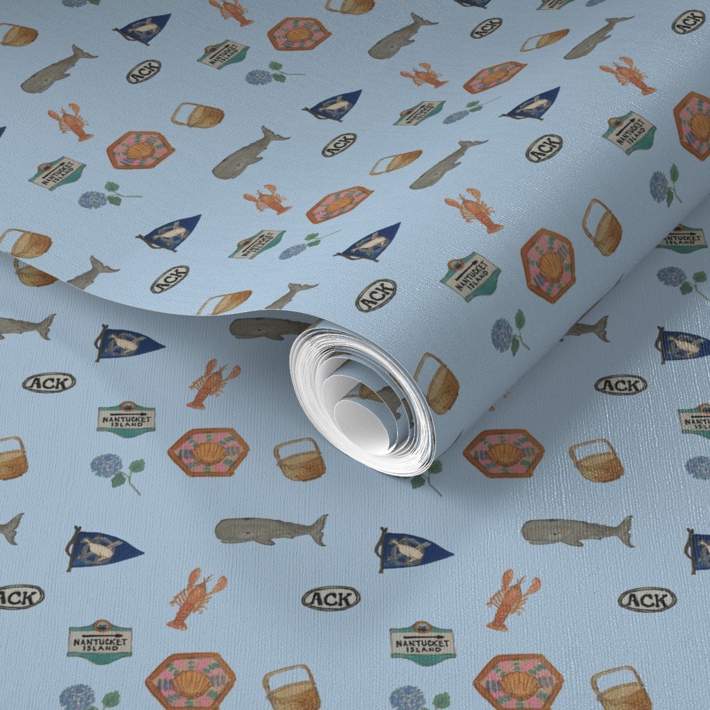 Nantucket Island Symbols and Motifs in Mini on Blue Wallpaper grey lady wallpaper