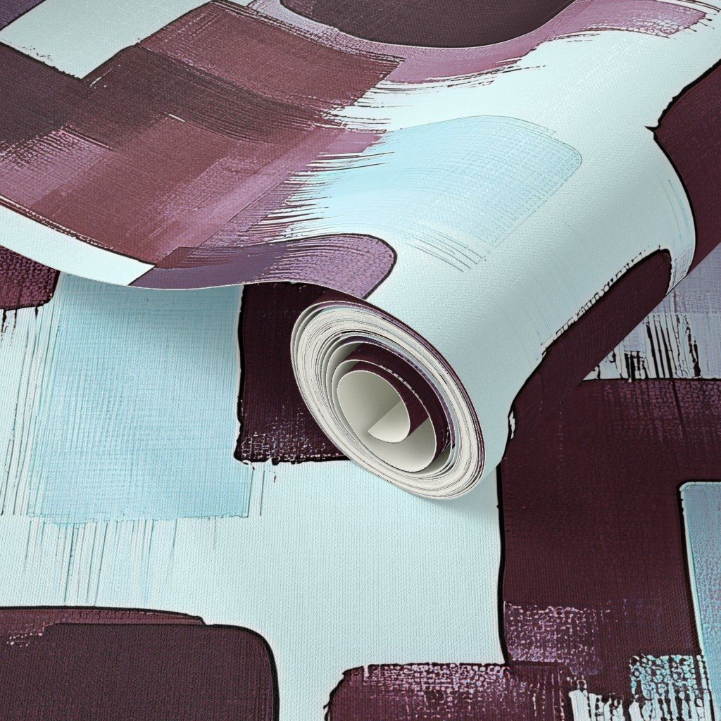 Large Abstract Brushstroke Blocks in Burgundy Lavender and Soft Mint Wallpaper blocks wallpaper