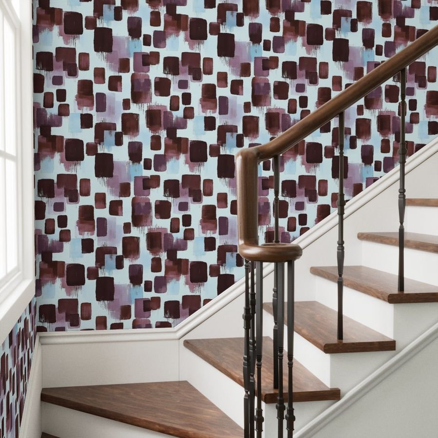 Large Abstract Brushstroke Blocks in Burgundy Lavender and Sky Blue Wallpaper artistic wallpaper