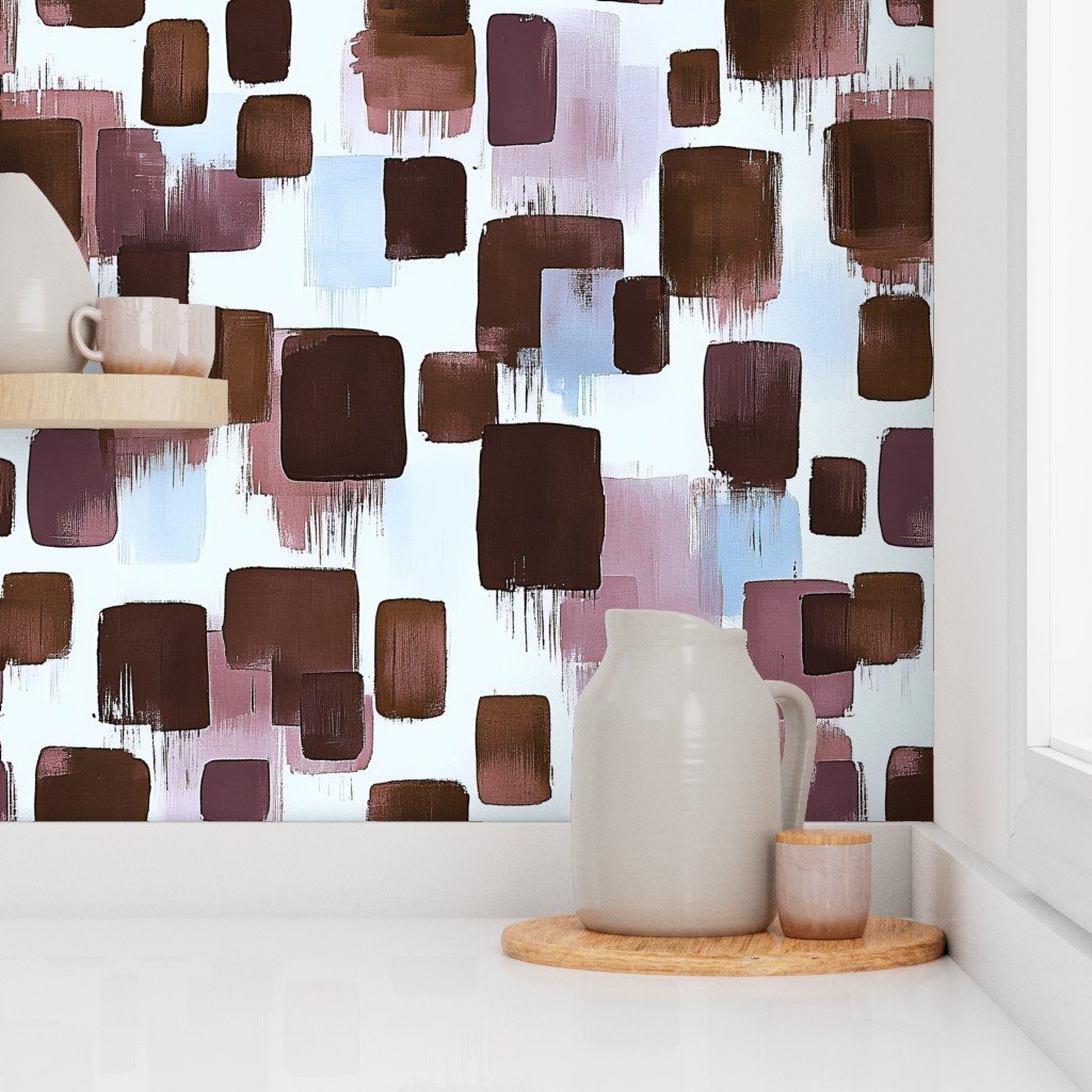 Large Abstract Brushstroke Blocks in Brown Rosewood and Sky Blue Wallpaper artistic wallpaper