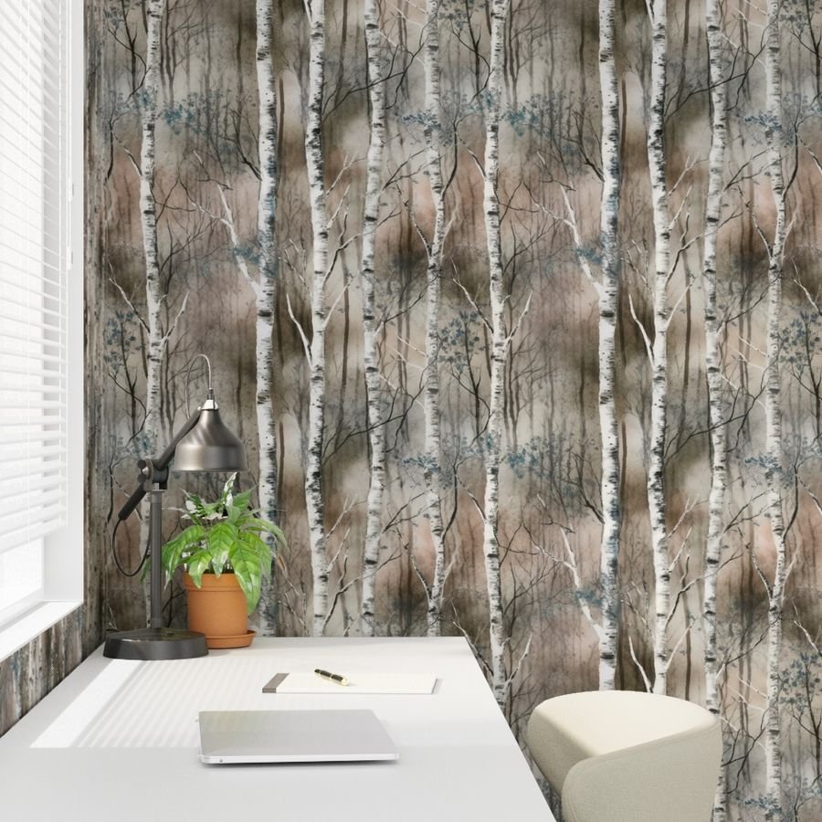 Endless Silver Birch Tree Dreamscape in Misty Taupe and Slate Blue Wallpaper calm wallpaper