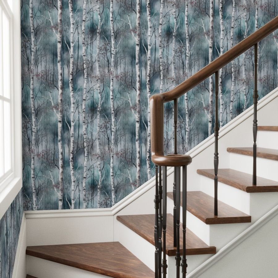 Endless Silver Birch Tree Dreamscape in Misty Teal and Soft Red Wallpaper dreamscape wallpaper