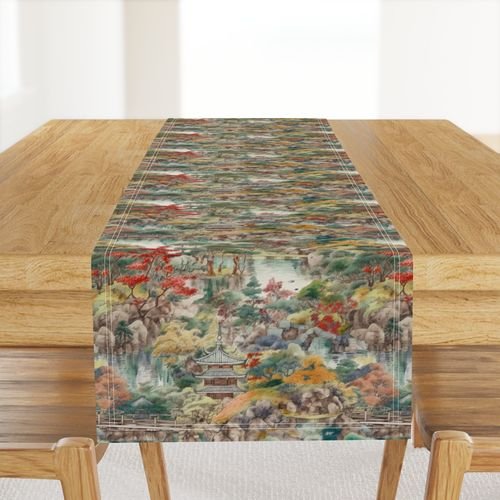 Small Japanese Water Garden Watercolor with Temples Home Styling Collection Design Collection yellow trees table runner design