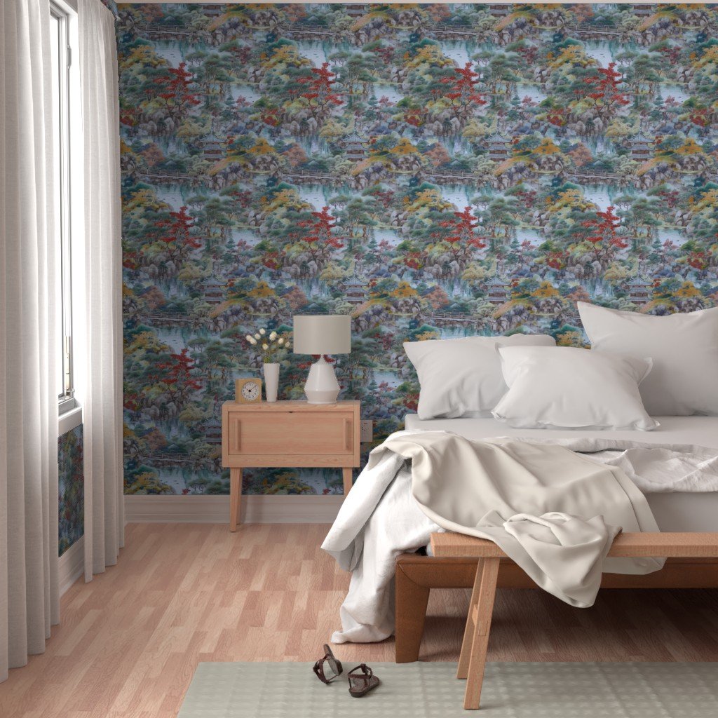 Japanese Autumn Water Garden Watercolor with Temples in Soft Blue and Wallpaper decor wallpaper