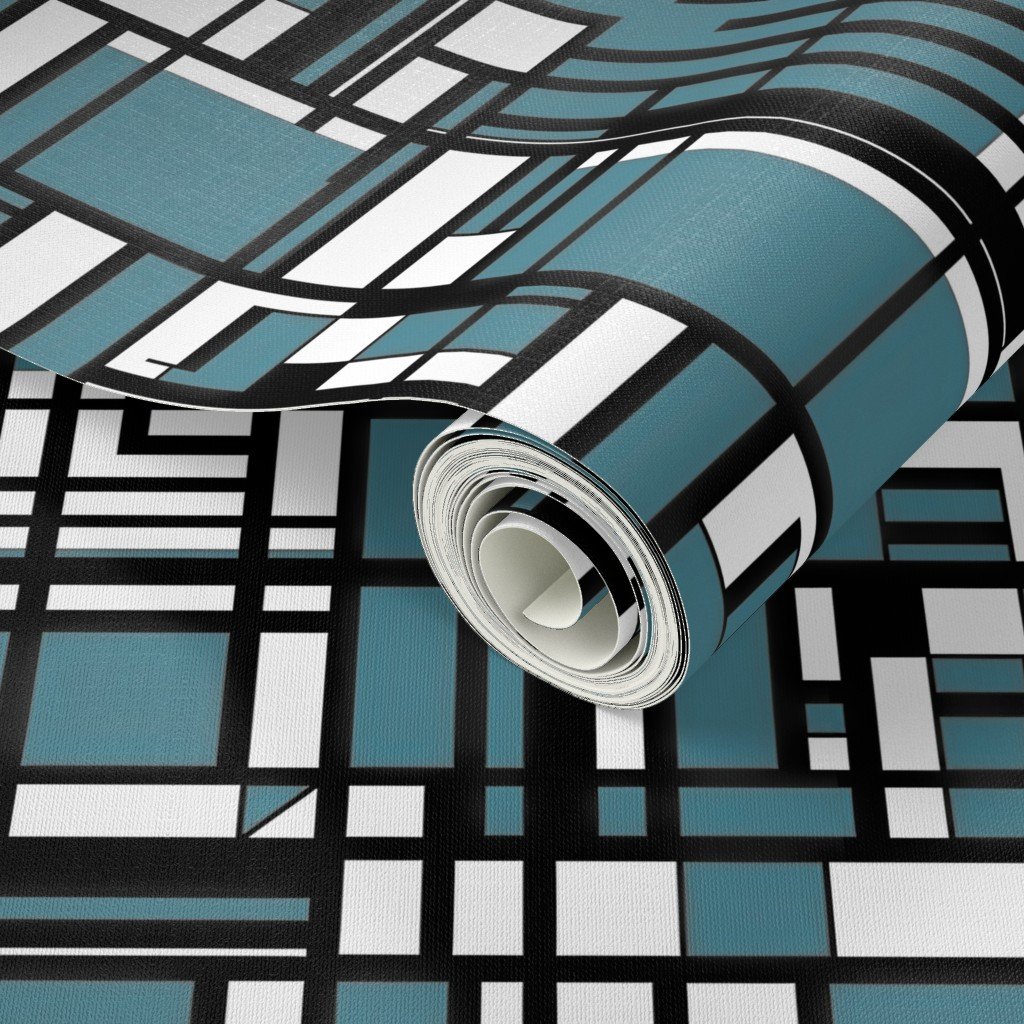 Dusty Teal Modernist City Blocks Geometric Pattern Wallpaper bold print wallpaper