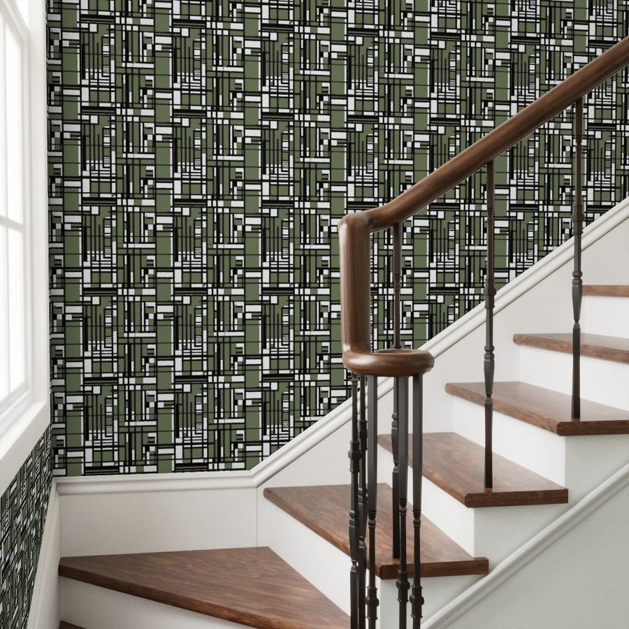 Sage Green Modernist City Blocks Geometric Pattern Wallpaper bold print wallpaper