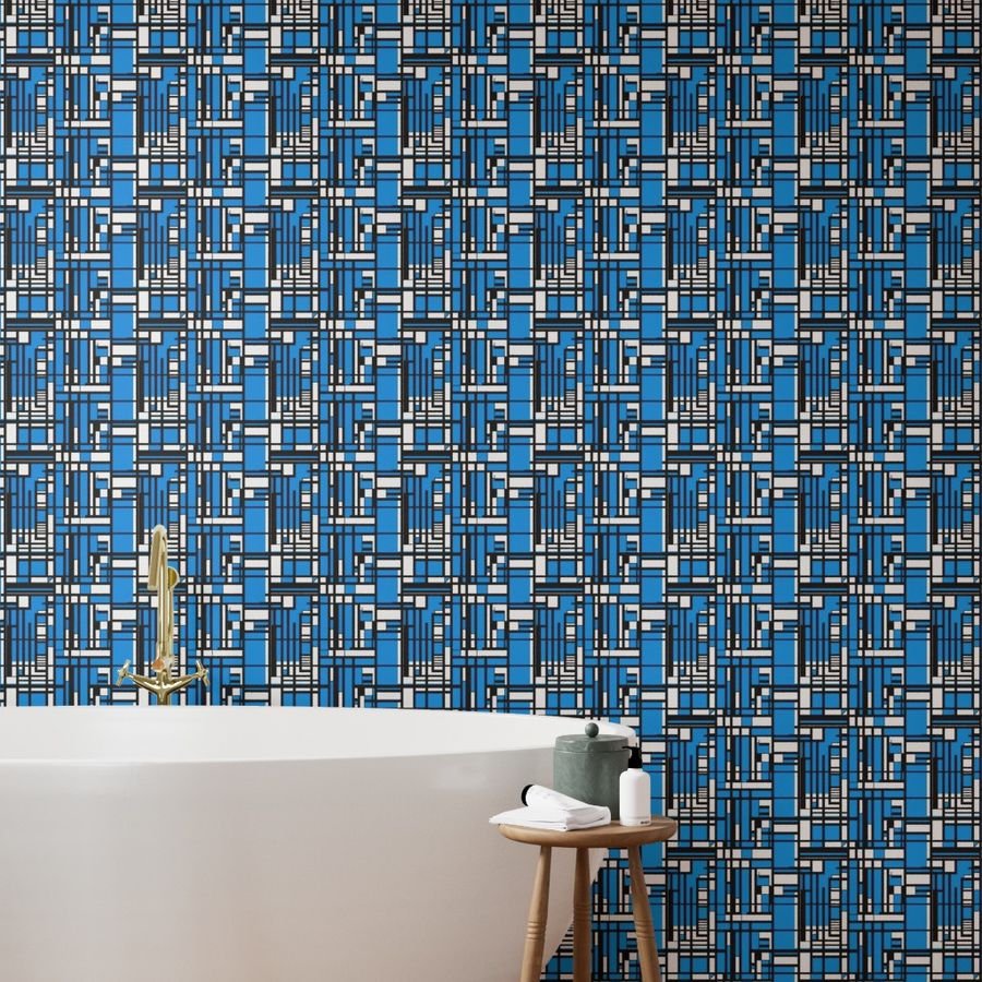 Cyan Blue Modernist City Blocks Geometric Pattern Wallpaper bold print wallpaper