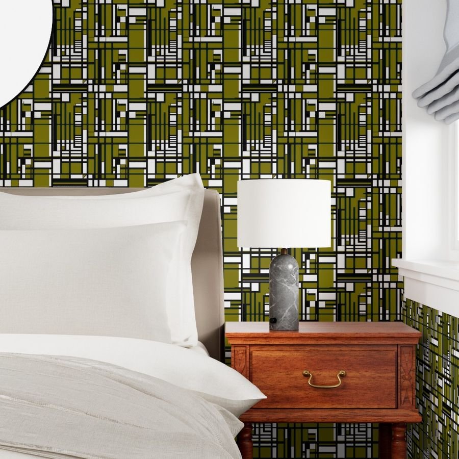 Olive Green Modernist City Blocks Geometric Pattern Wallpaper bold print wallpaper