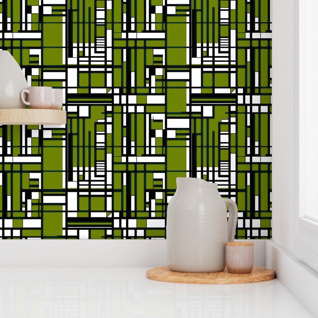 Moss Green Modernist City Blocks Geometric Pattern Wallpaper bold print wallpaper