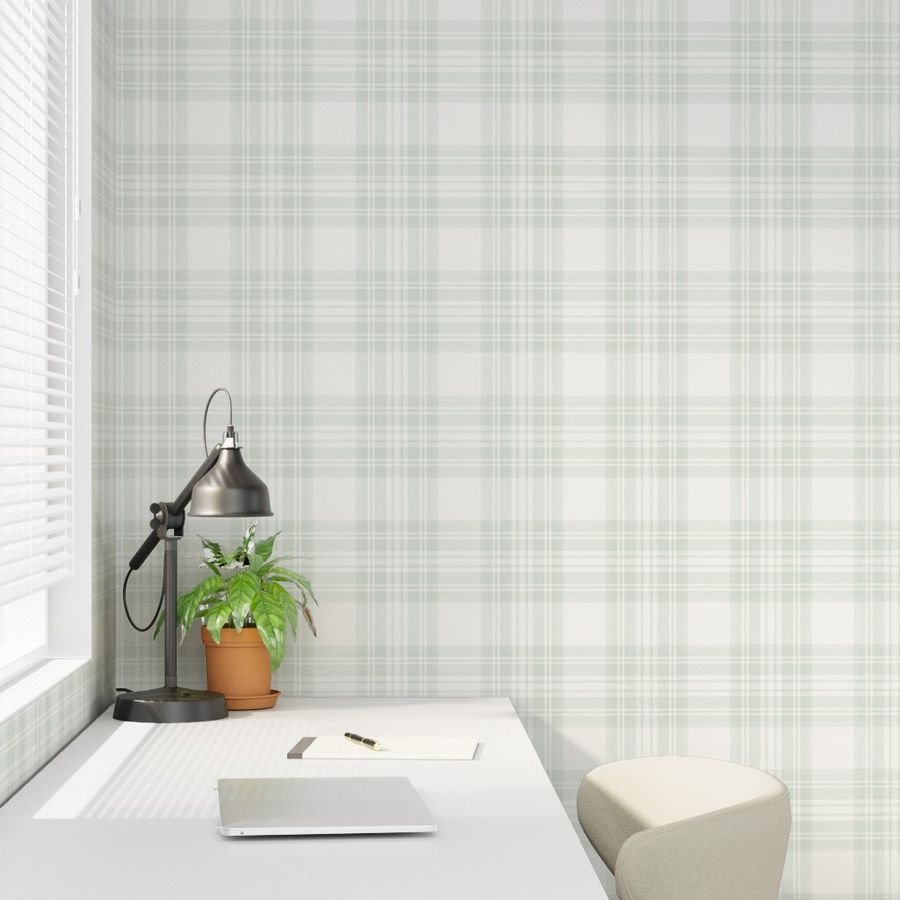 Pale Sage Green Botanical Large Traditional Tartan Plaid Pattern Wallpaper soft tones wallpaper