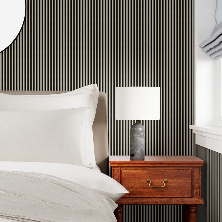 Serrated Squid Ink Black Mini Stripe on Cream Wallpaper perforated stripe wallpaper