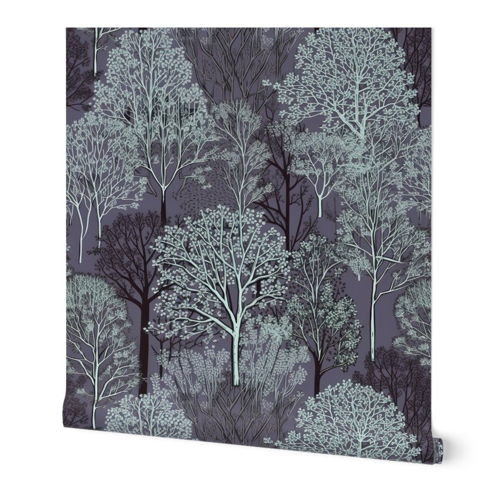 New England Endless Forest Trees in Twilight Blue Winter Wallpaper elegant wallpaper