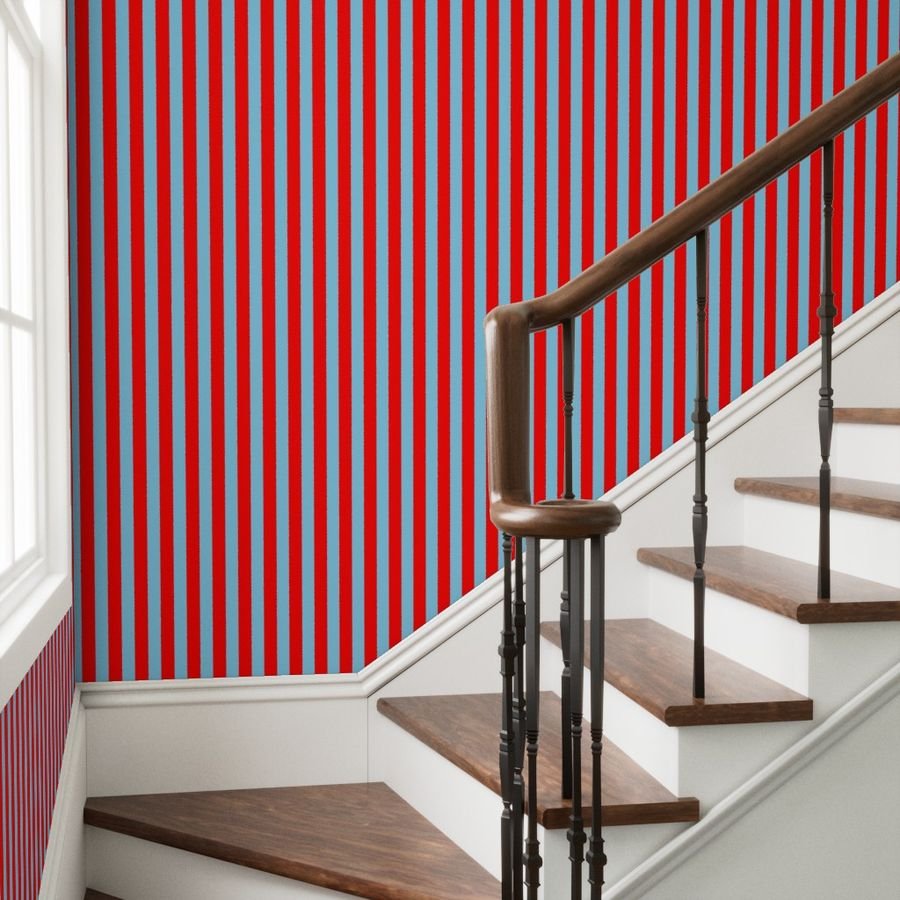 Bold Coastal Classic Red and Sky Blue Cabana Tent Stripe Wallpaper bold wallpaper