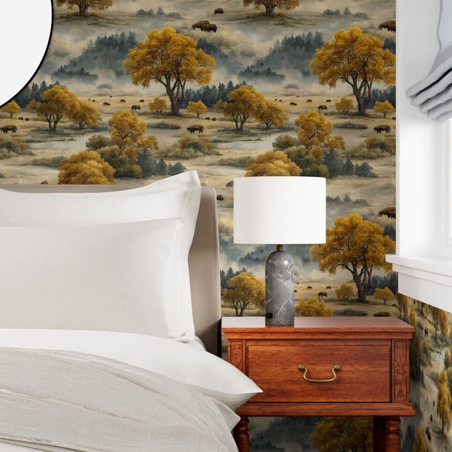 Yellowstone National Park Autumn Watercolor Bison Landscape Wallpaper earthy wallpaper