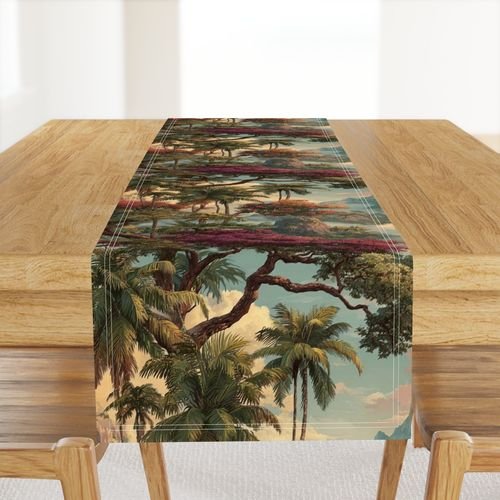 Vintage Hawaiian Watercolor Landscape with Misty Mountains and Palms Decor Collection Home Styling Collection hawaiian table runner design