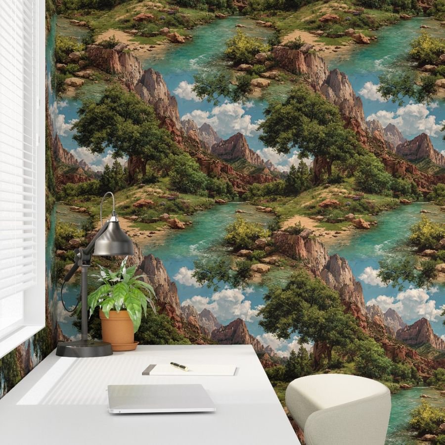 Spring Panorama of Zion Canyon Watercolor Landscape Wallpaper green wallpaper